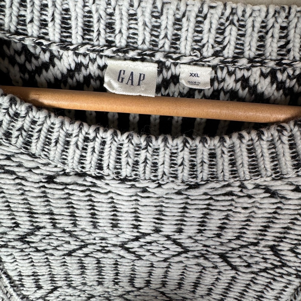 Gap Womens XXL Wool Blend Boho Fringe Black White Chunky Knit Geometric Sweater - Picture 2 of 6